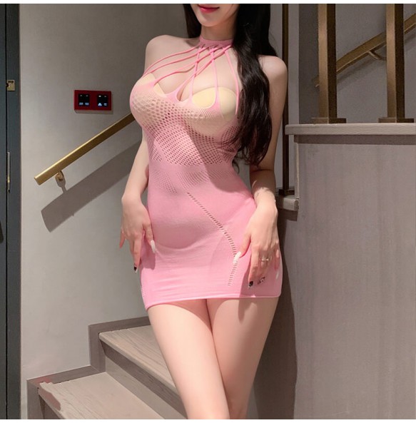 FEE ET MOI - Halter Neck Hollow-Out Sheer Mesh Bodycon Dress (Pink)